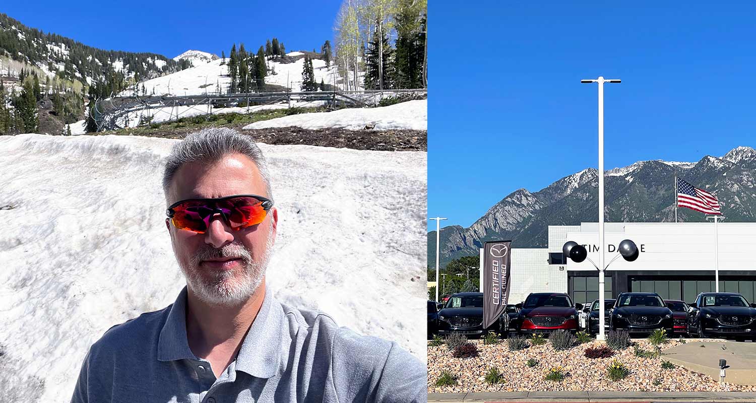 François Simard takes a cheerful selfie outdoors, with bright sunlight and in West Jordan, UT. May, 2024