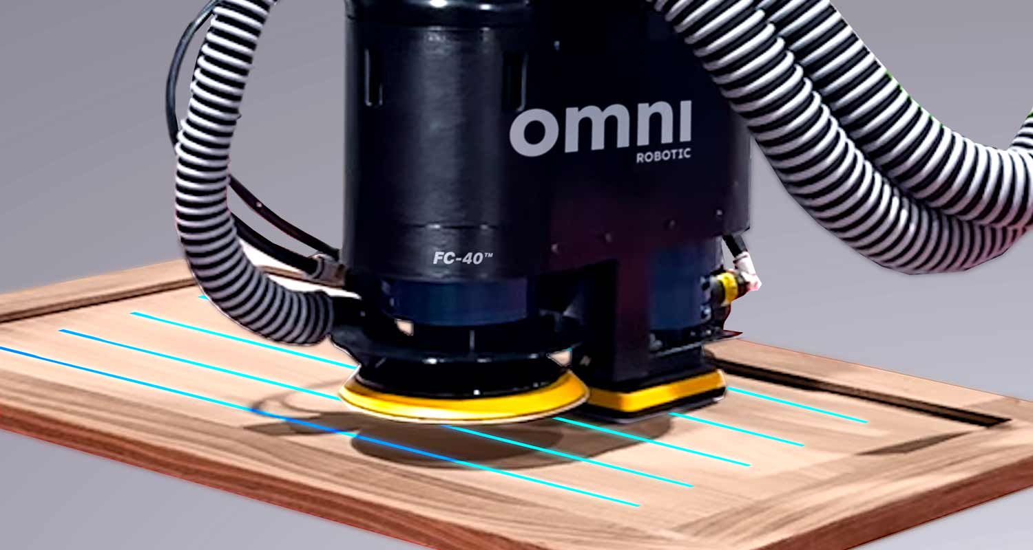 The Omnirobotic PSA-80 PRO FC-40 Dual Tool in action, sanding the cavity of a wood panel with precision.