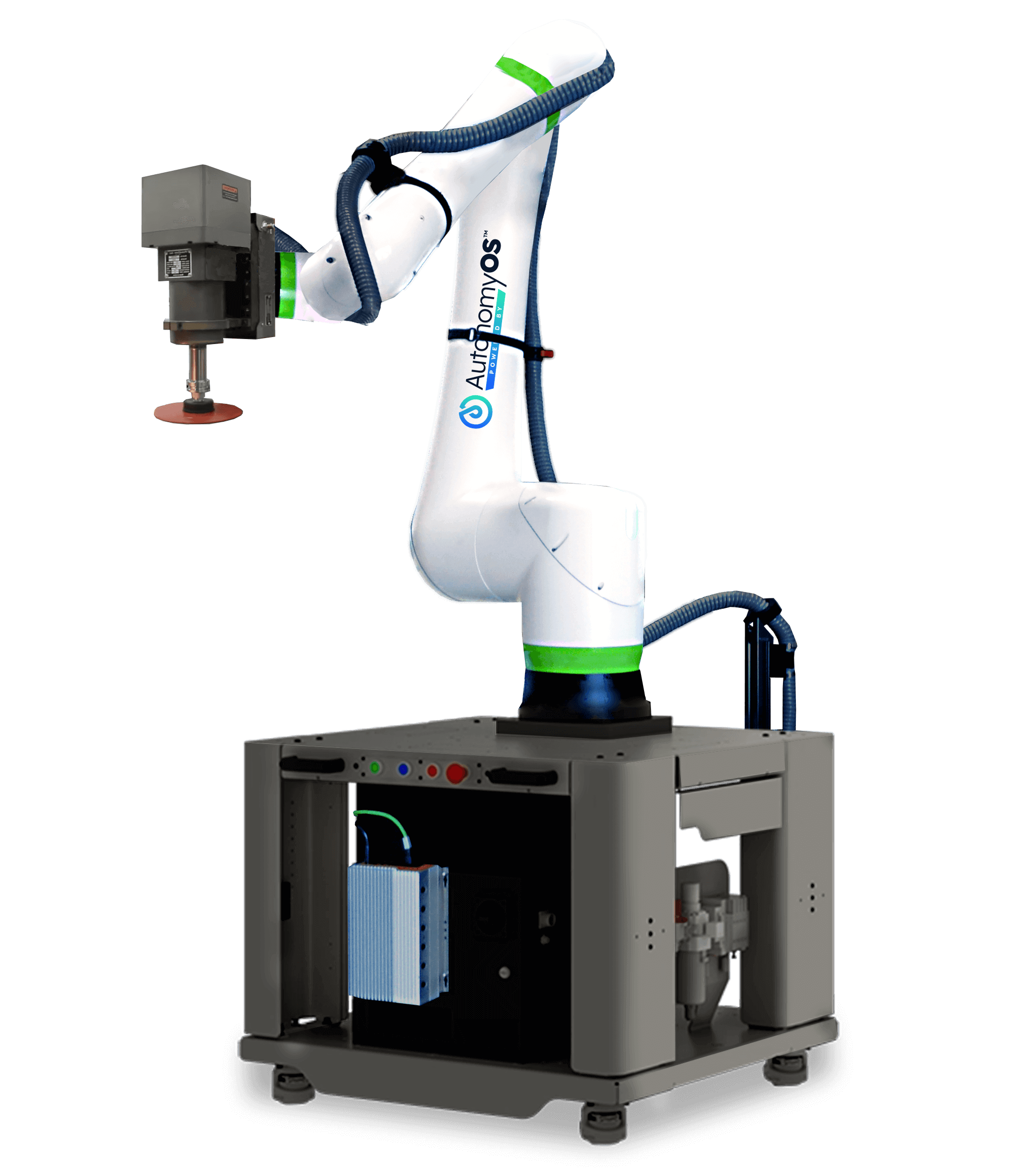 Industrial robotic arm with white and green branding mounted on a gray control cabinet and base, used for automation tasks