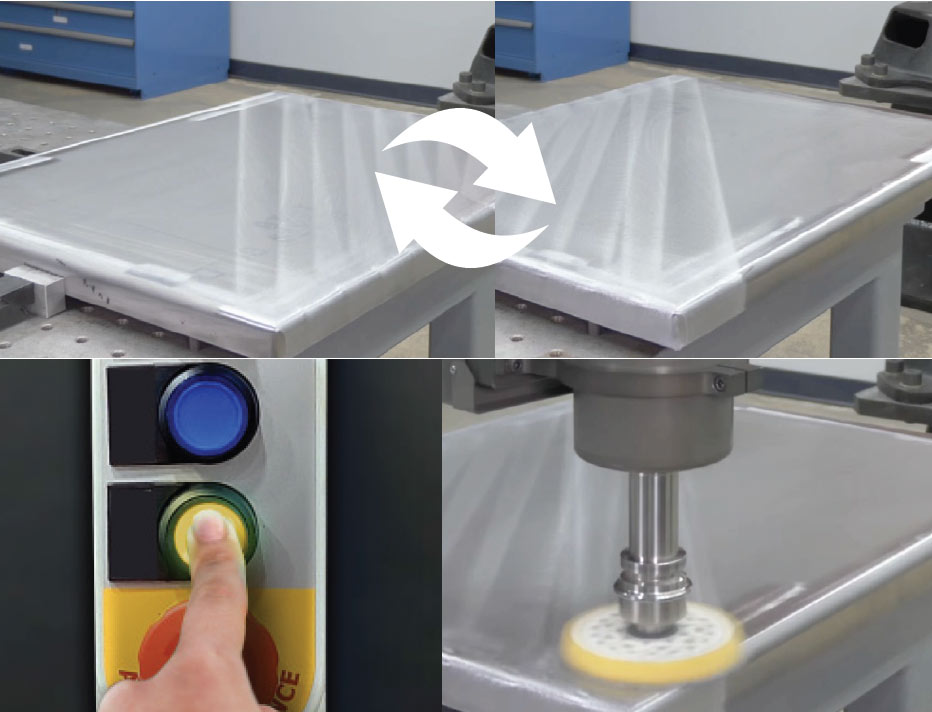 Collage of a metal worktable rotating with protective wrap, a finger pressing a green start button, and a polishing wheel finishing a metal surface.