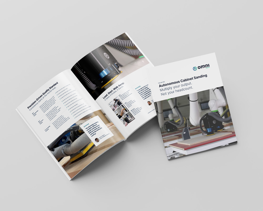 Open brochure spread showing interior pages with machinery photos and blue text elements, and a cover titled 'Autonomous Cabinet Sanding'.