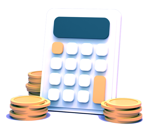 White calculator with rounded buttons and a large display, surrounded by stacks of gold coins on a purple background.