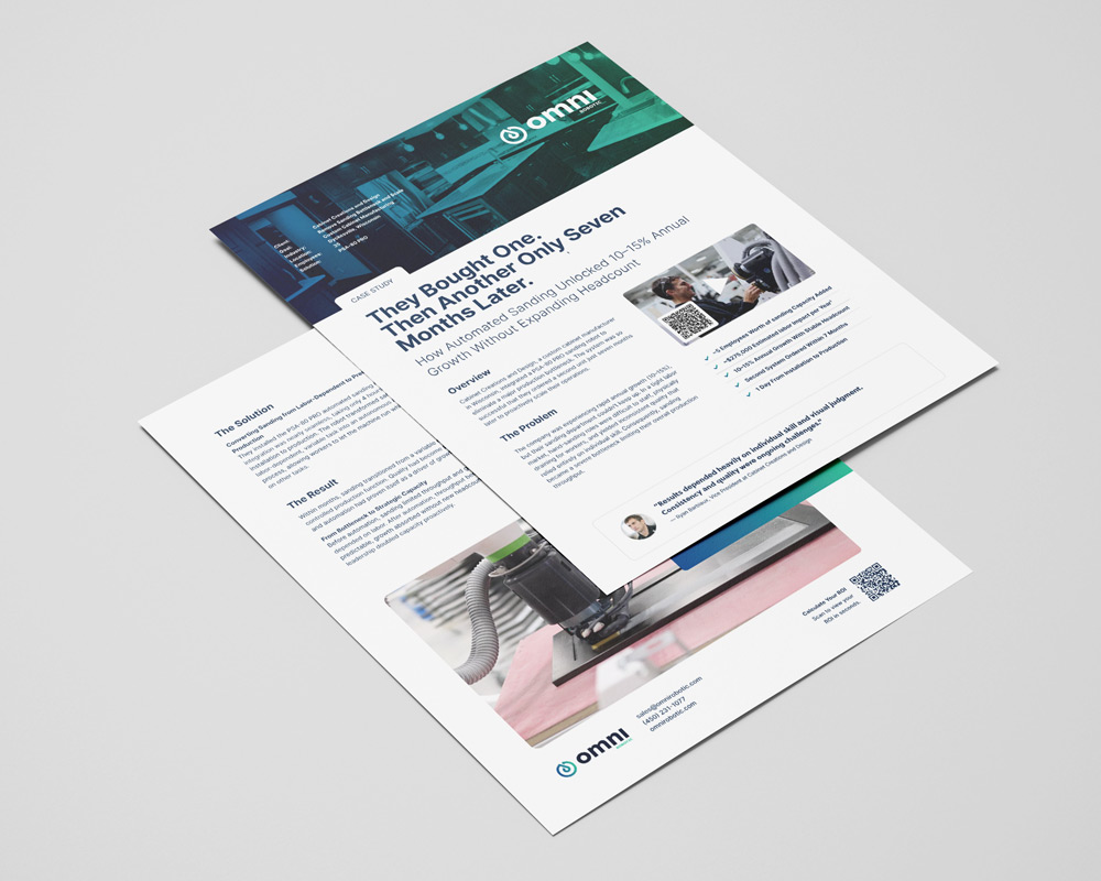 Tri-fold marketing brochure featuring a blue-to-teal gradient header with a company logo and bold title text on a clean white layout