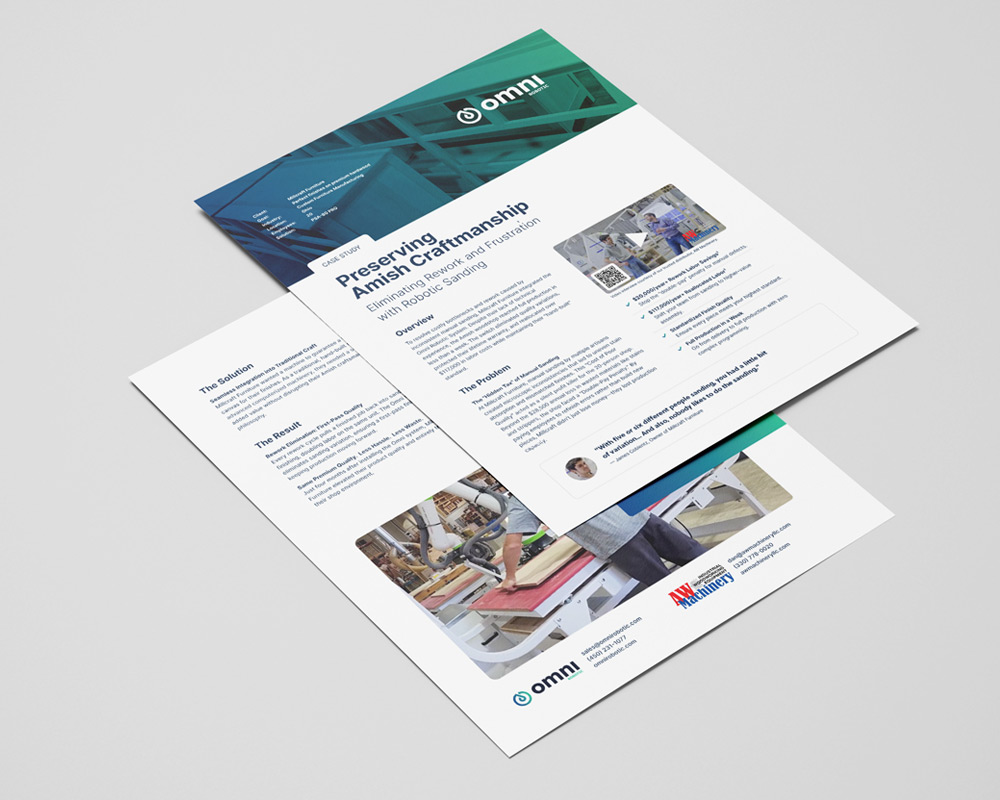 Tri-fold brochure mockup on a gray surface, showing a blue-green header and Omn i logo with text blocks and images inside.