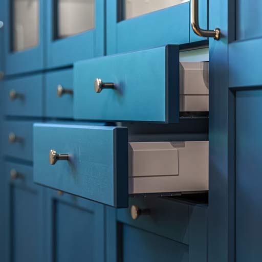 Blue metal filing cabinet drawers, with one drawer open revealing white storage boxes inside