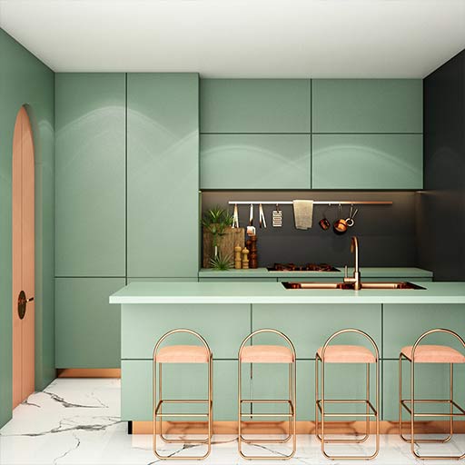 Mint-green kitchen with an island and copper-framed bar stools, marble floor, and a wooden arched door on the left.