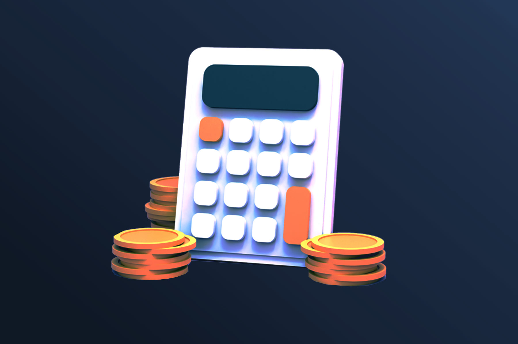 Stylized white 3D calculator with orange and white keys, surrounded by stacked coins on a dark gradient background.