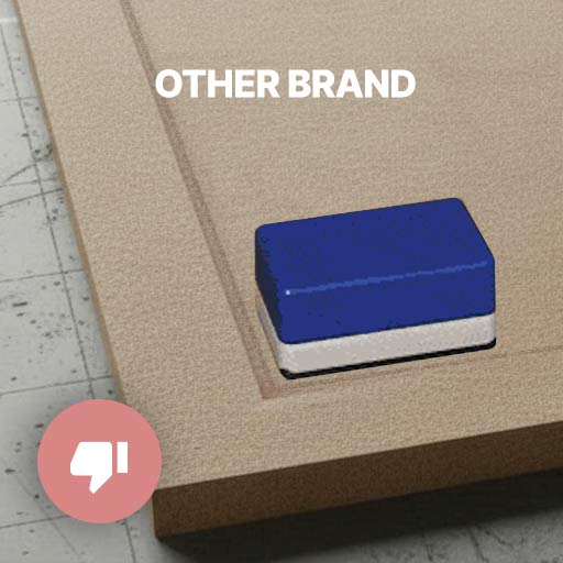 Cardboard surface with a blue stamp pad labeled 'OTHER BRAND' and a pink circular thumbs-down icon in the corner.