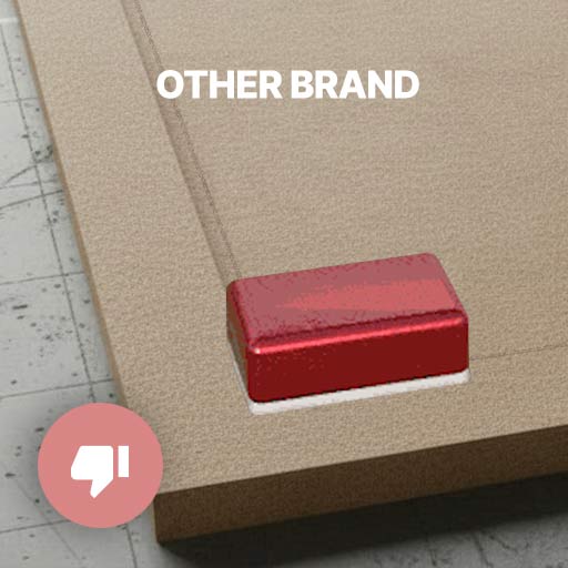 Cardboard surface with a red eraser and the words 'OTHER BRAND' above; a pink circular dislike badge overlays the corner.